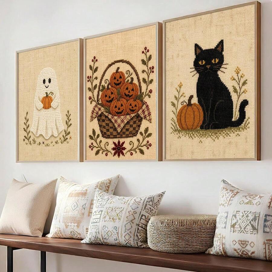 Cozy cross-stitch style seasonal wall decor