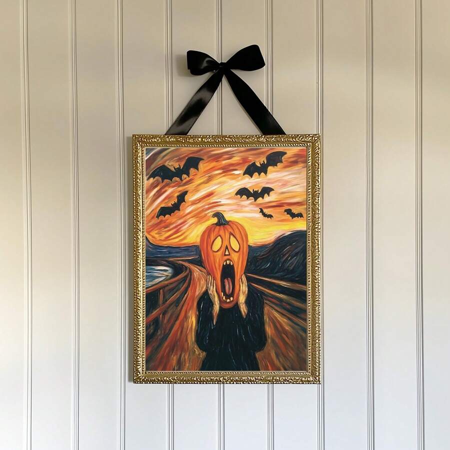 Halloween Pumpkin Head The Scream Parody Canvas poster with spooky humor. Perfect for Halloween decor, gothic rooms, horror fans, parties, and seasonal displays.
