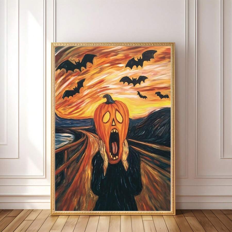 Halloween Pumpkin Head The Scream Parody Canvas poster with spooky humor. Perfect for Halloween decor, gothic rooms, horror fans, parties, and seasonal displays.
