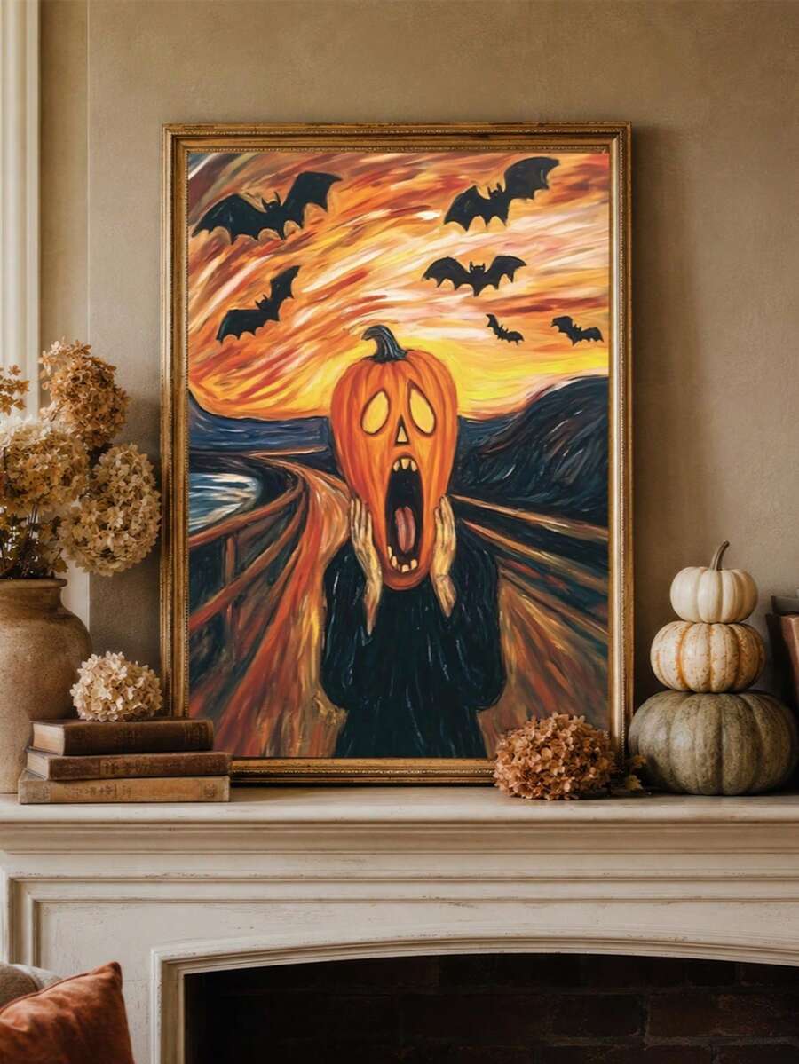 Halloween Pumpkin Head The Scream Parody Canvas poster with spooky humor. Perfect for Halloween decor, gothic rooms, horror fans, parties, and seasonal displays.