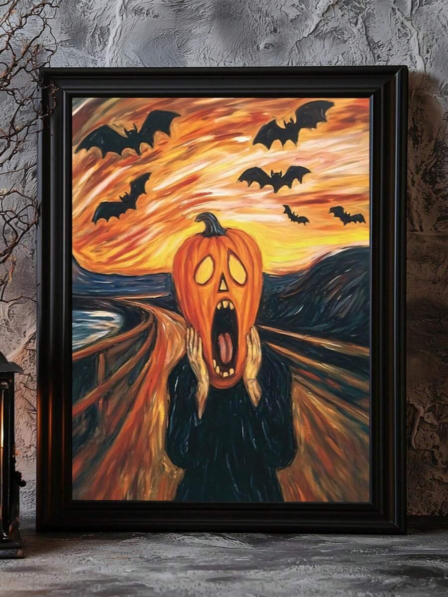 Halloween Pumpkin Head The Scream Parody Canvas poster with spooky humor. Perfect for Halloween decor, gothic rooms, horror fans, parties, and seasonal displays.