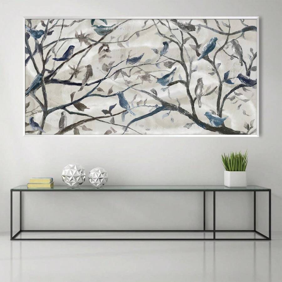 Serene blue-gray bird living room decor