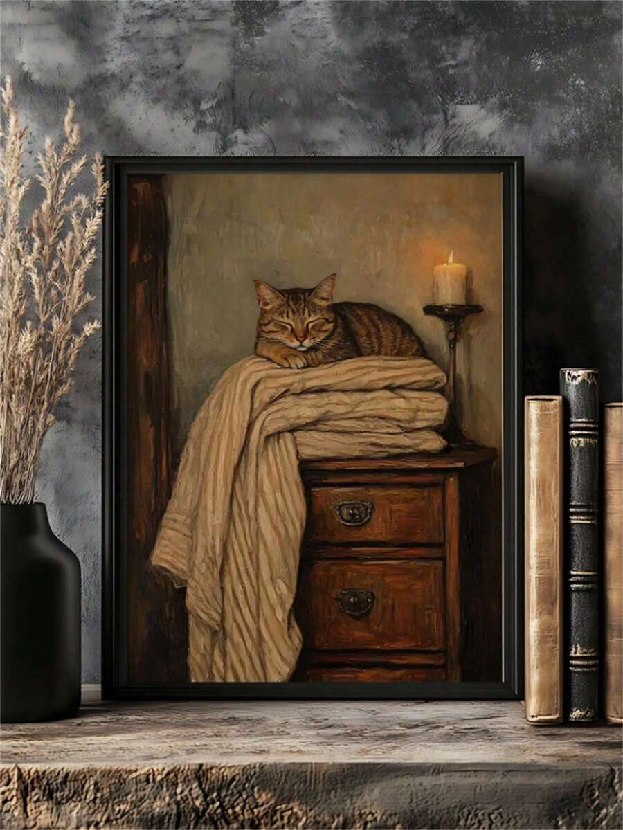 Retro Cat Pattern Brown Dark Gothic Antique Wall Art Canvas Poster 