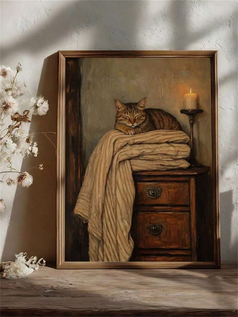 Retro Cat Pattern Brown Dark Gothic Antique Wall Art Canvas Poster 