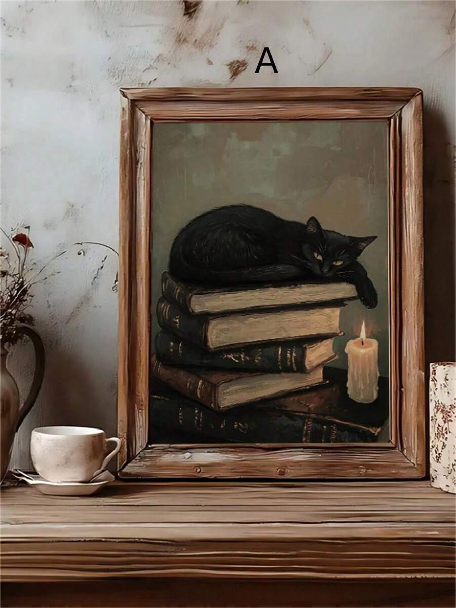 Retro Cat Pattern Brown Dark Gothic Antique Wall Art Canvas Poster 