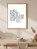 Minimal Jeremiah 29:11 typography print in a bright dining room