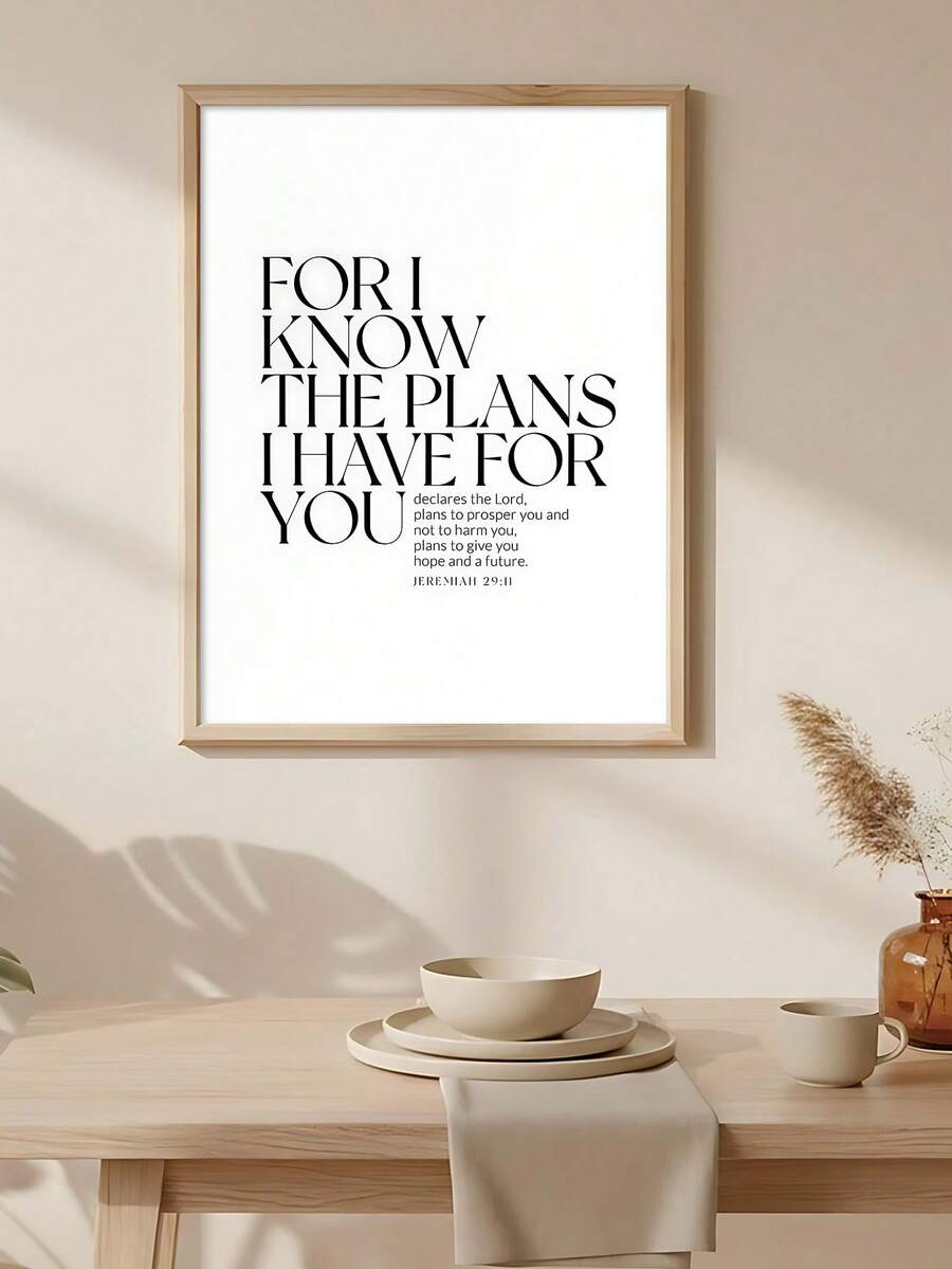 Minimal Jeremiah 29:11 typography print in a bright dining room