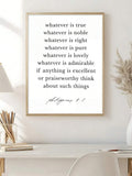 Philippians 4:8 Bible verse poster above a home office desk