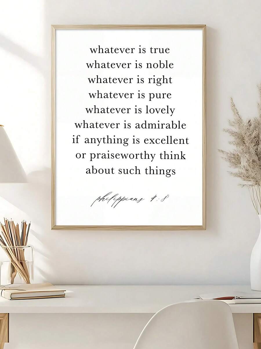 Philippians 4:8 Bible verse poster above a home office desk