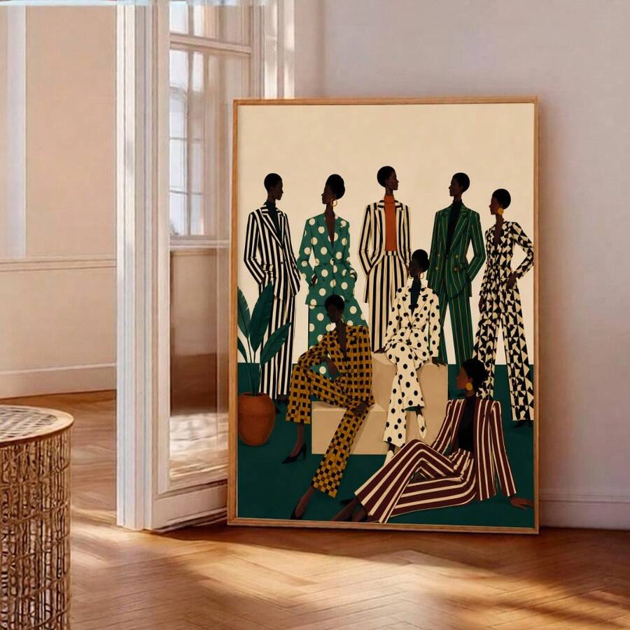 The Modern African American Fashion Woman Suit Canvas Wall Art Poster features a confident woman in a sophisticated suit, combining contemporary fashion with bold artistic expression