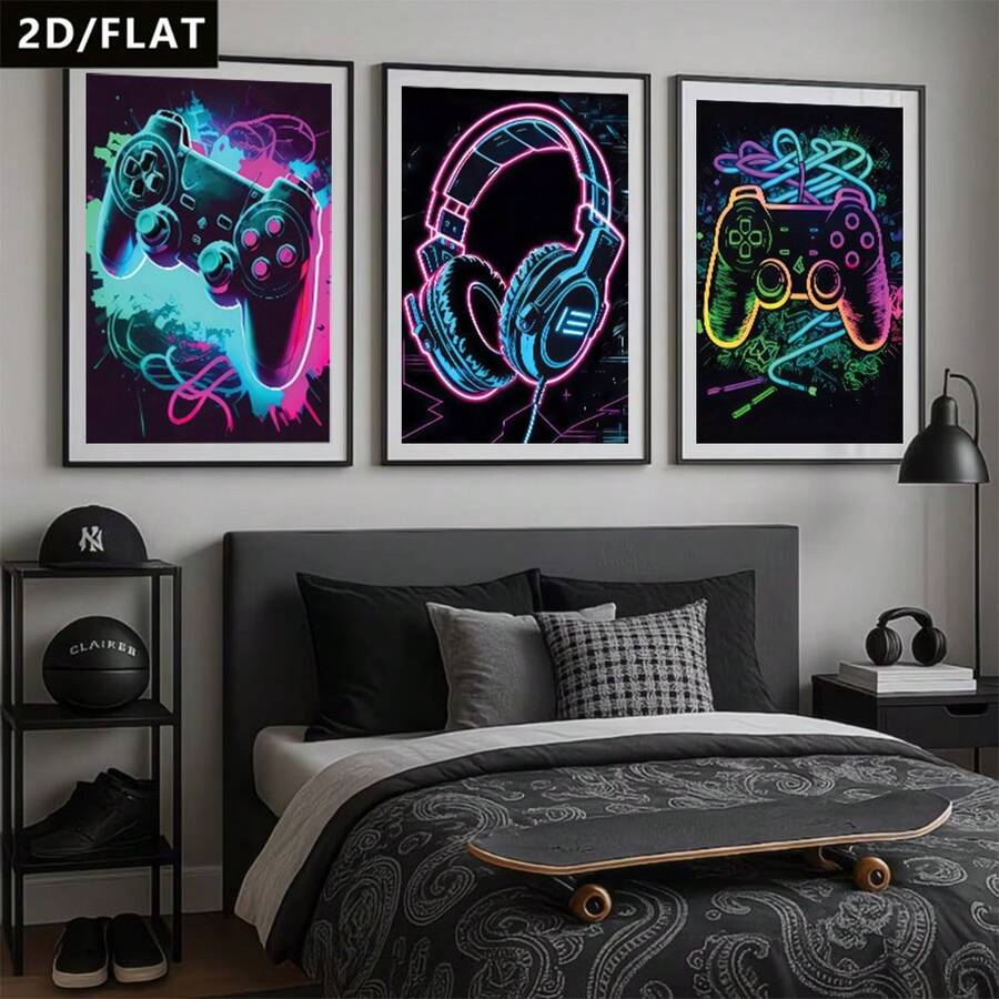 Flat 2D controller and headset poster set styled above a gamer bed