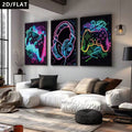 Neon gaming poster triptych displayed above a white living room sofa
