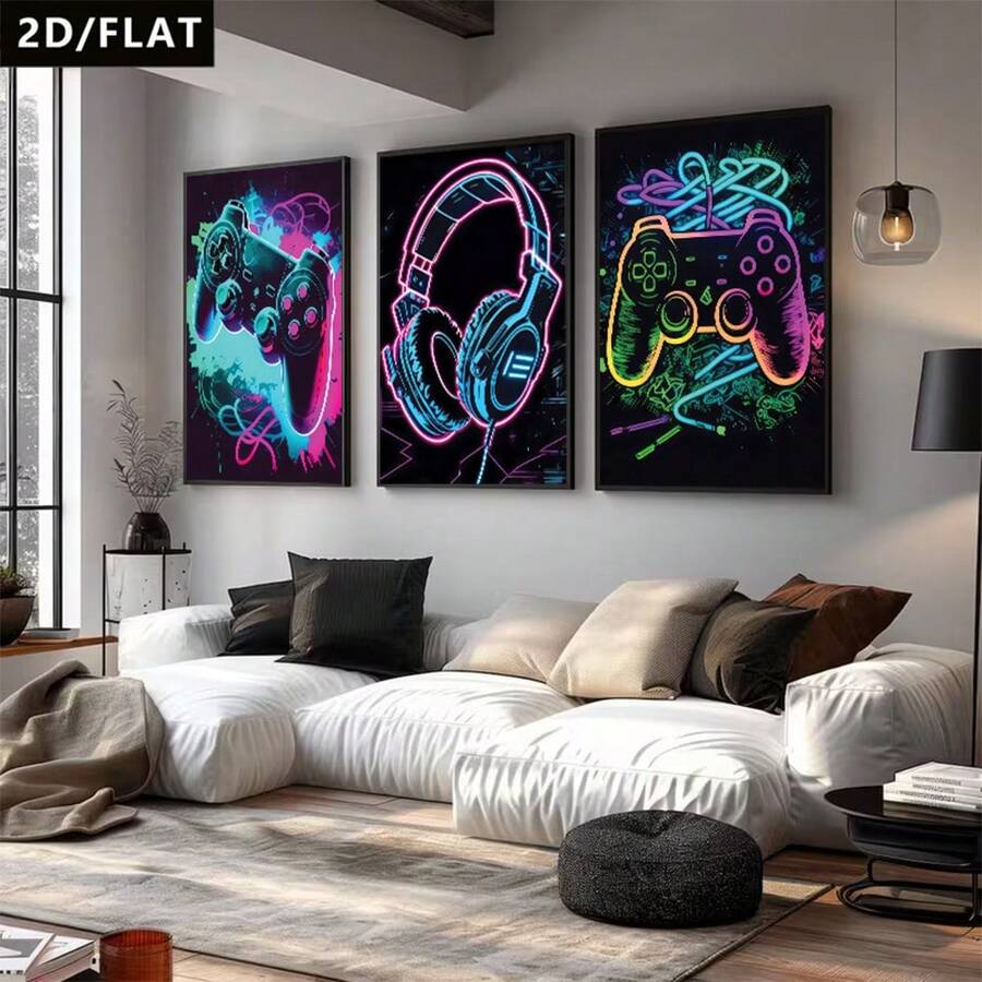 Neon gaming poster triptych displayed above a white living room sofa