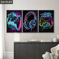 Controller and headset wall art set on an entertainment room console