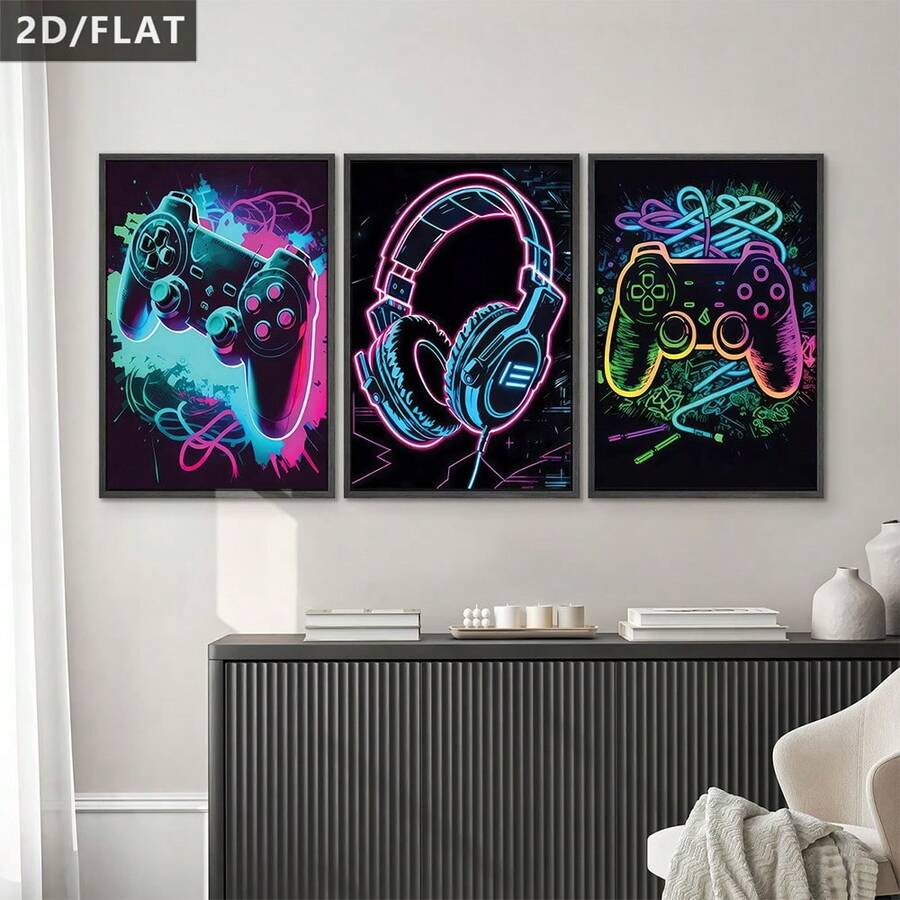 Controller and headset wall art set on an entertainment room console