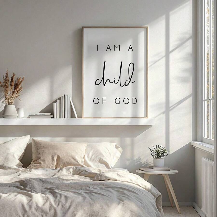 Framed I Am a Child of God artwork above a bright bedroom shelf