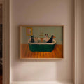 Framed dog bathtub artwork on a warm beige paneled wall