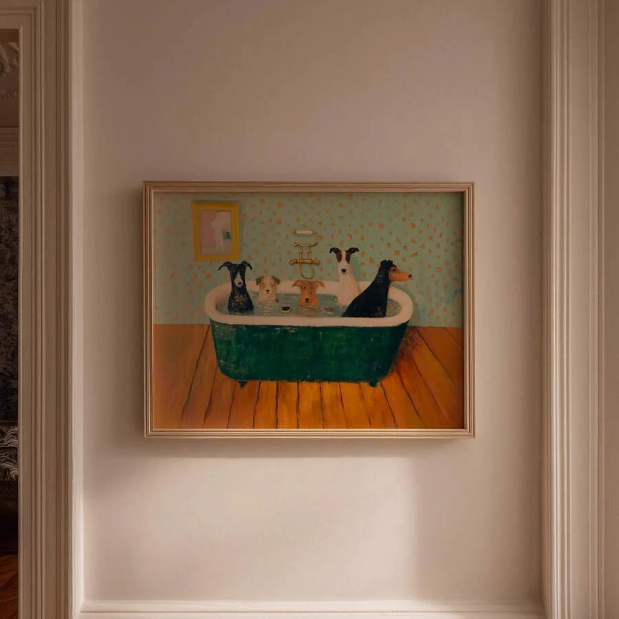 Framed dog bathtub artwork on a warm beige paneled wall
