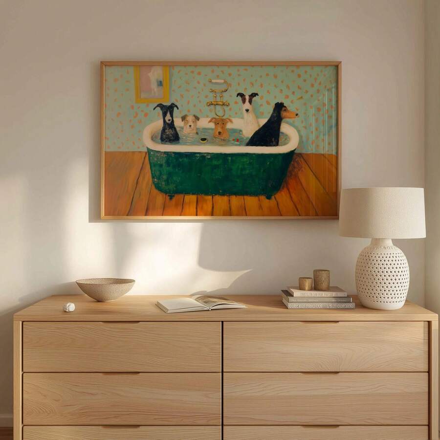 Dog bathtub print above a wood dresser with a lamp