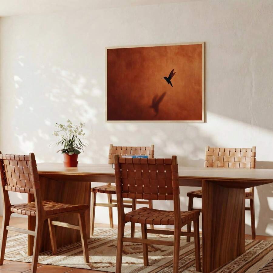 Rustic hummingbird painting with warm brown and orange tones