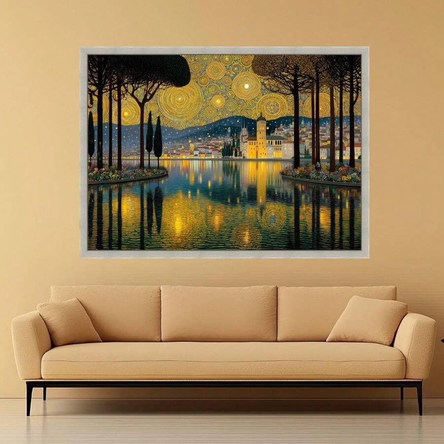 Gold and teal fine art poster displayed in a living room