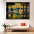 Lakeside cityscape canvas with swirling celestial sky