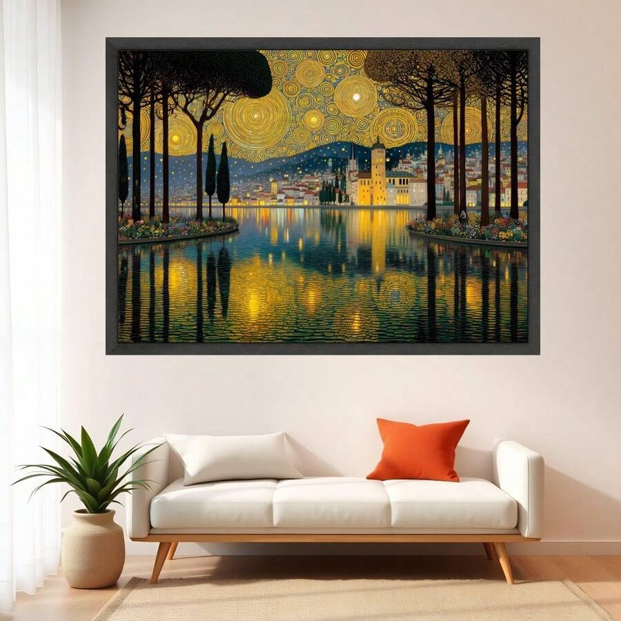 Lakeside cityscape canvas with swirling celestial sky
