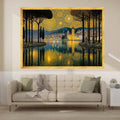 Decorative Art Nouveau city poster in an ornate gold frame