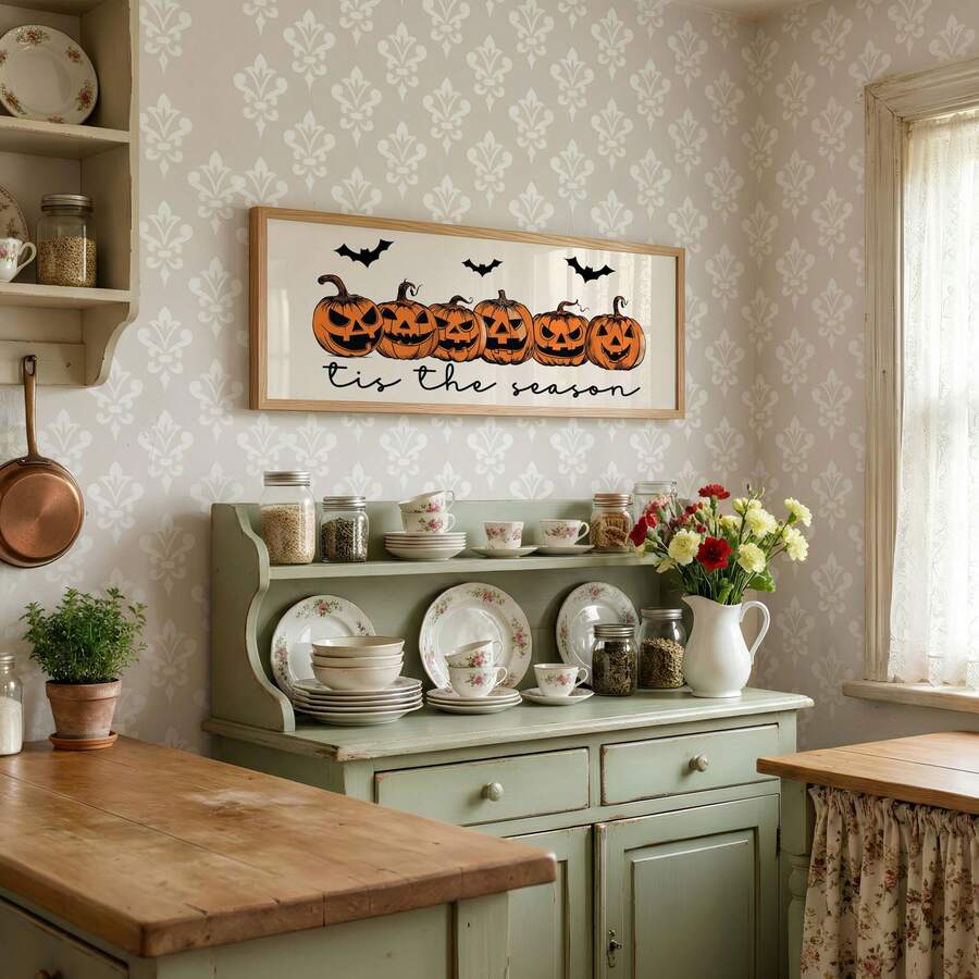 Detail view of rustic Halloween pumpkin and bat wall artwork