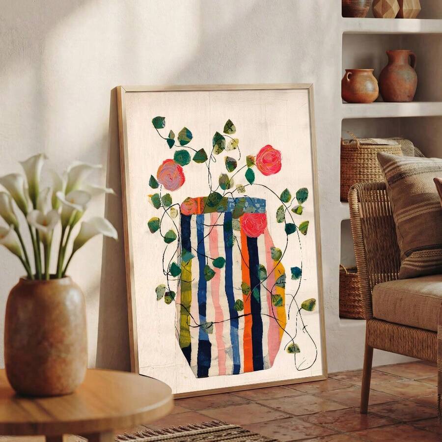 Boho Botanical Floral Striped Vase Canvas poster with vintage charm and natural tones. Perfect for farmhouse, cottagecore, boho, and modern home decor.