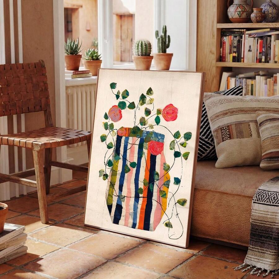 Boho Botanical Floral Striped Vase Canvas poster with vintage charm and natural tones. Perfect for farmhouse, cottagecore, boho, and modern home decor.