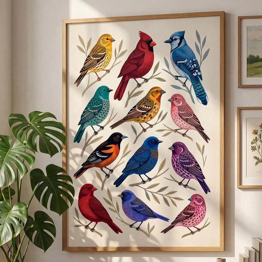 Vintage colorful North American songbirds framed wall art