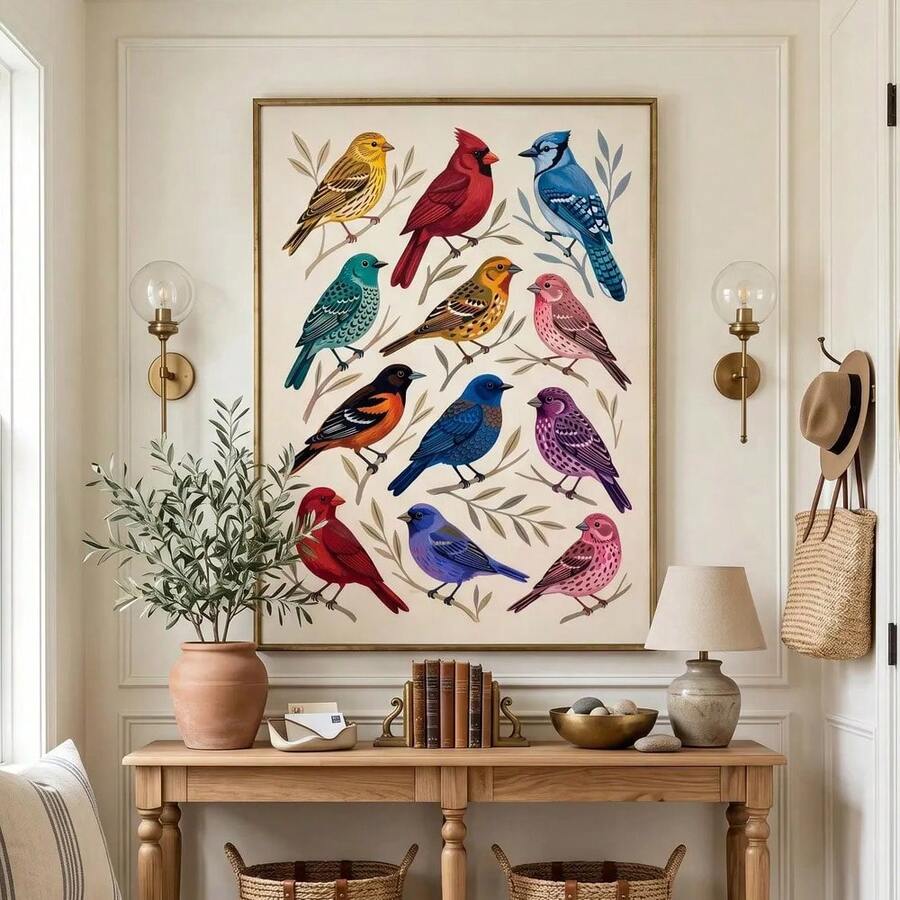 Vintage colorful North American songbirds framed wall art