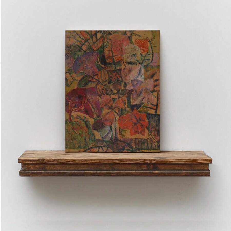 Framed abstract botanical floral print in muted ochre, rust, pink and olive tones