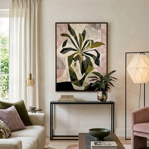 Geometric graphic botanical vase canvas poster with boho abstract tropical plant design