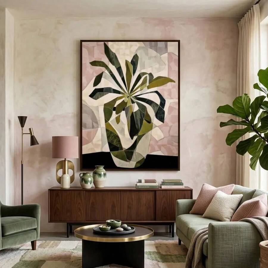Modern botanical wall art in olive green and mustard tones