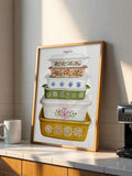 Vintage floral food storage container poster framed in a kitchen