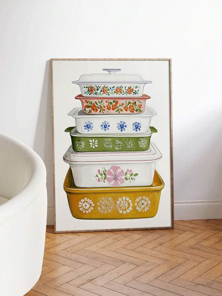 Stacked floral food storage containers wall art displayed in a room