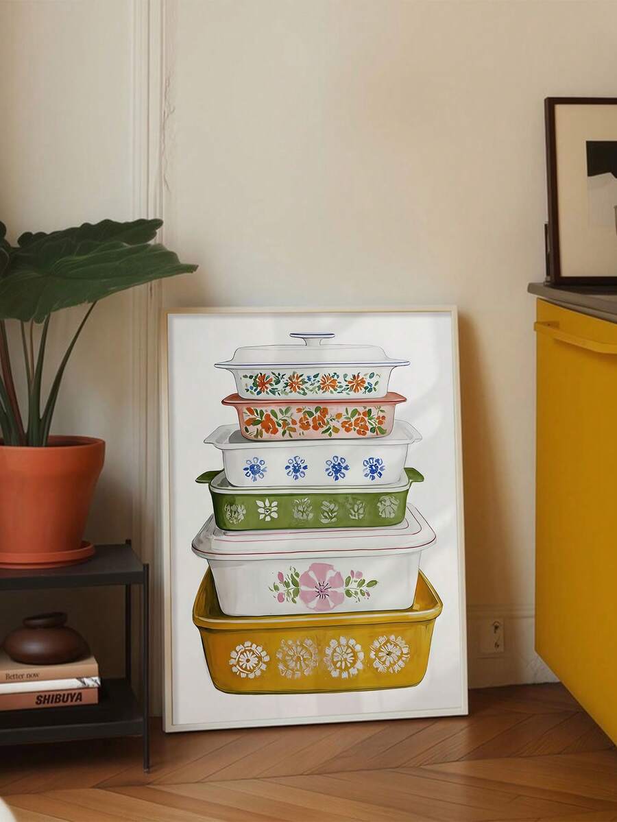 Kitchen container illustration canvas poster beside a plant and yellow cabinet