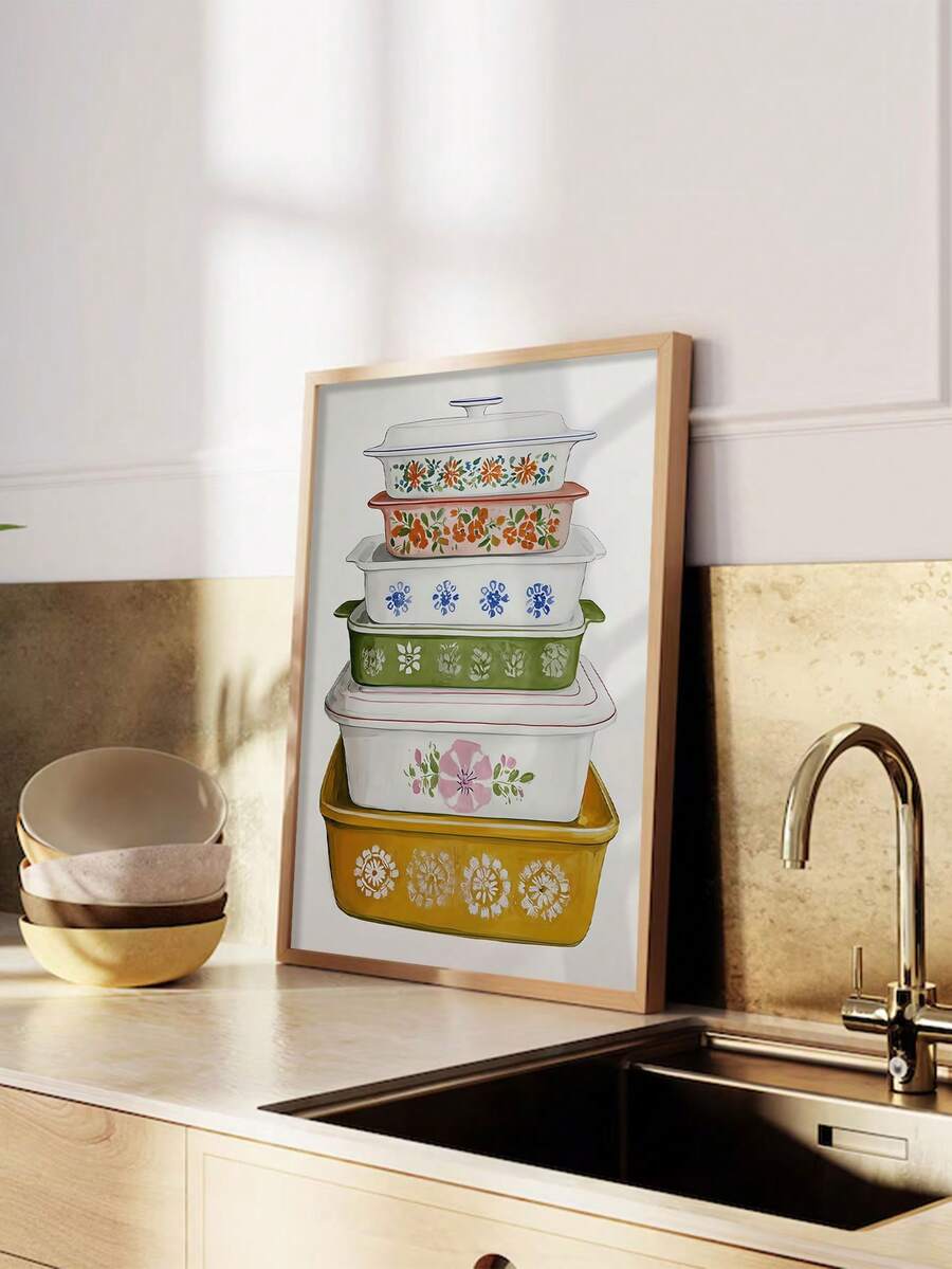 Floral food storage container poster displayed by a kitchen sink