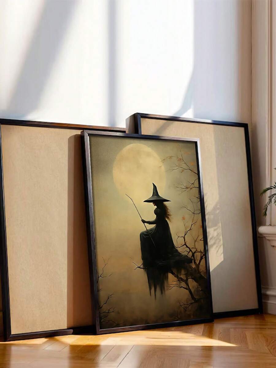 Gothic witch moon wall art in a black frame in a sunlit minimalist room