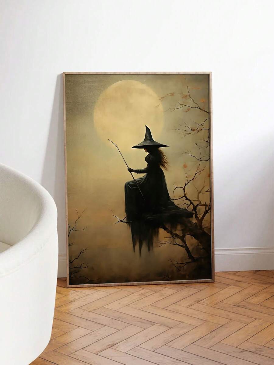 Witch moon canvas poster in a pale wood frame in a white lounge