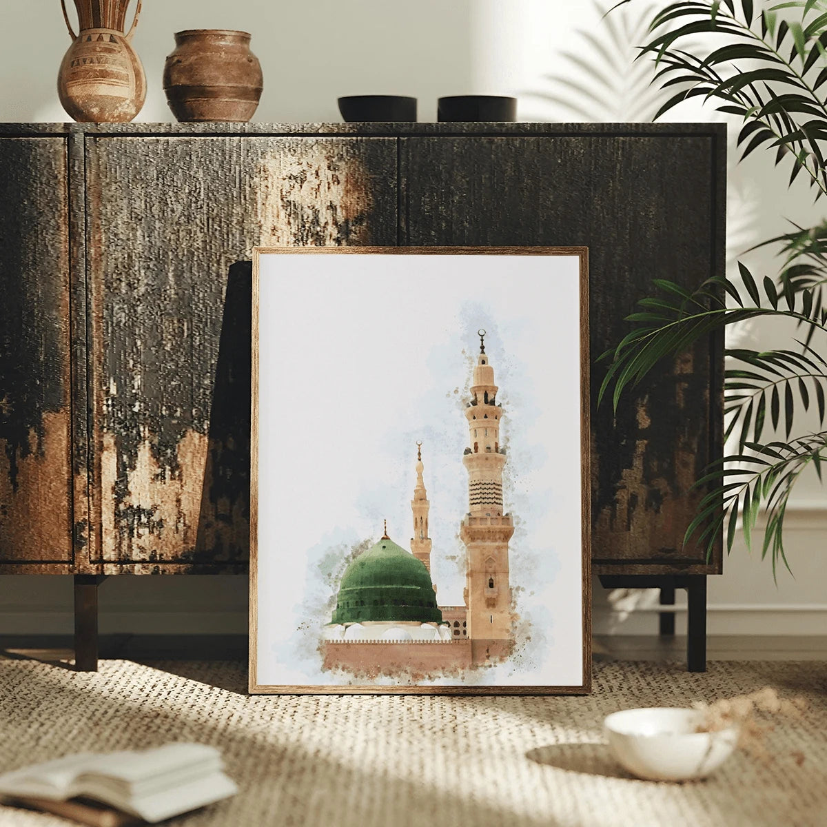 Green dome Islamic architecture poster displayed in a softly styled living room