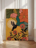 Colorful hummingbird among flowers botanical canvas art