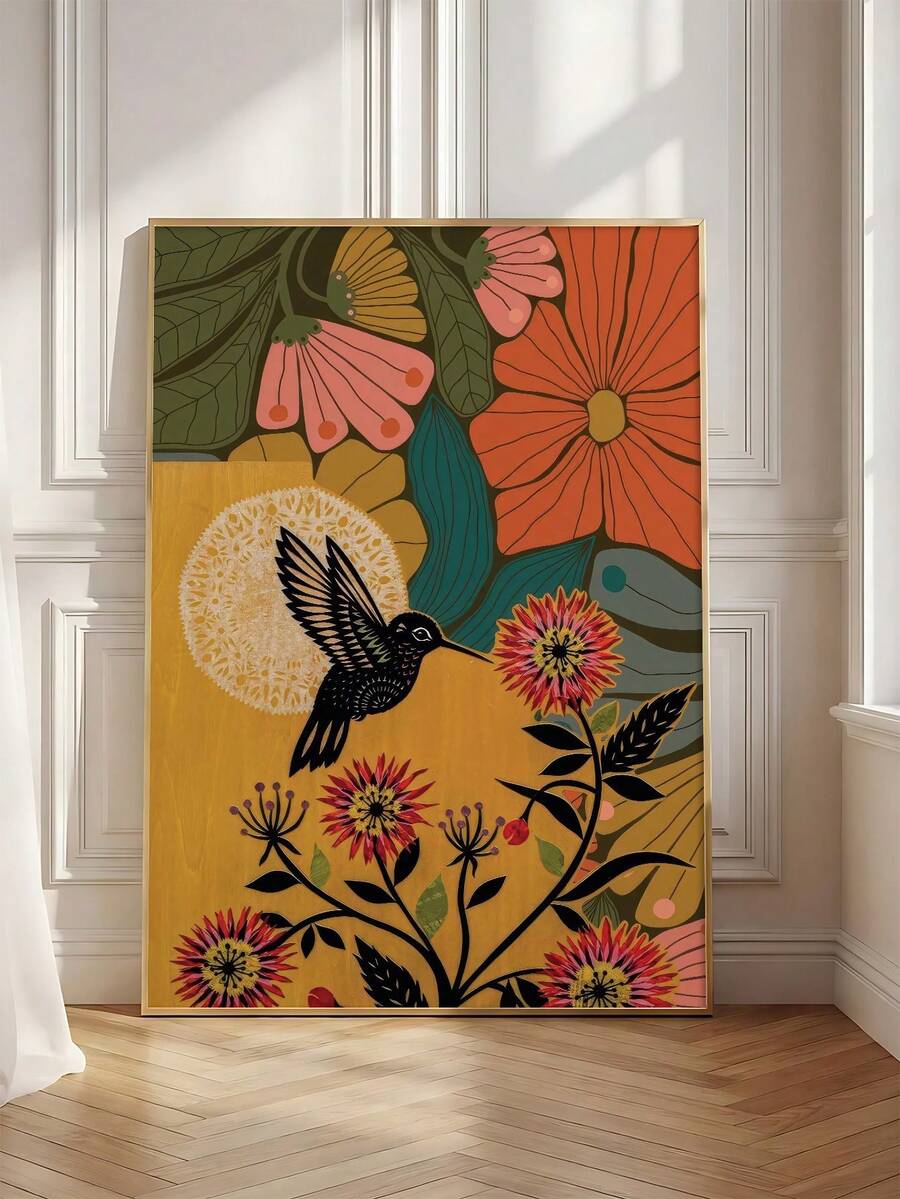 Colorful hummingbird among flowers botanical canvas art
