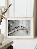 Snowy bird cedar branch canvas poster