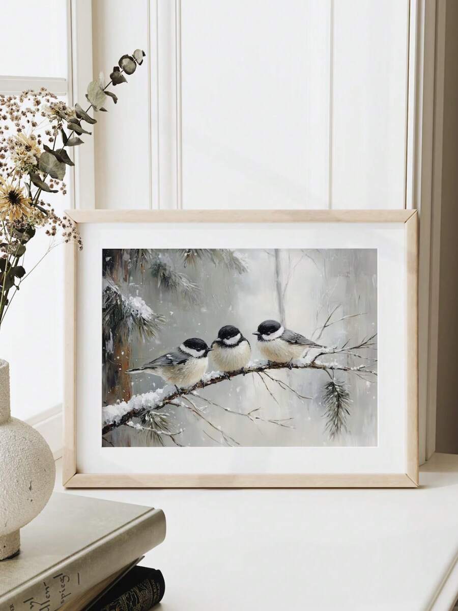 Snowy bird cedar branch canvas poster