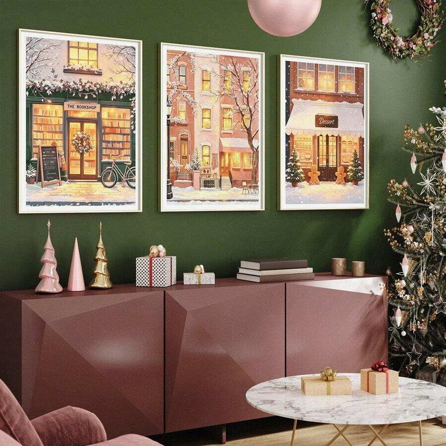 Three-piece cottagecore town canvas poster set with cozy storefront scenes
