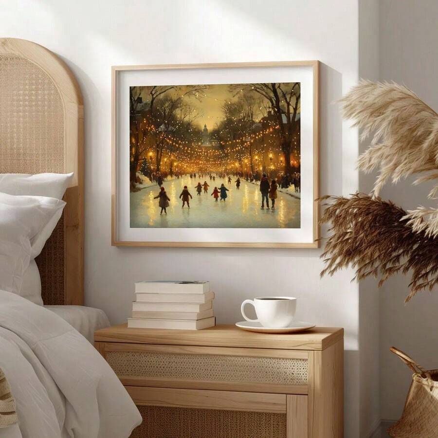 Christmas ice skating town print styled above a dining sideboard