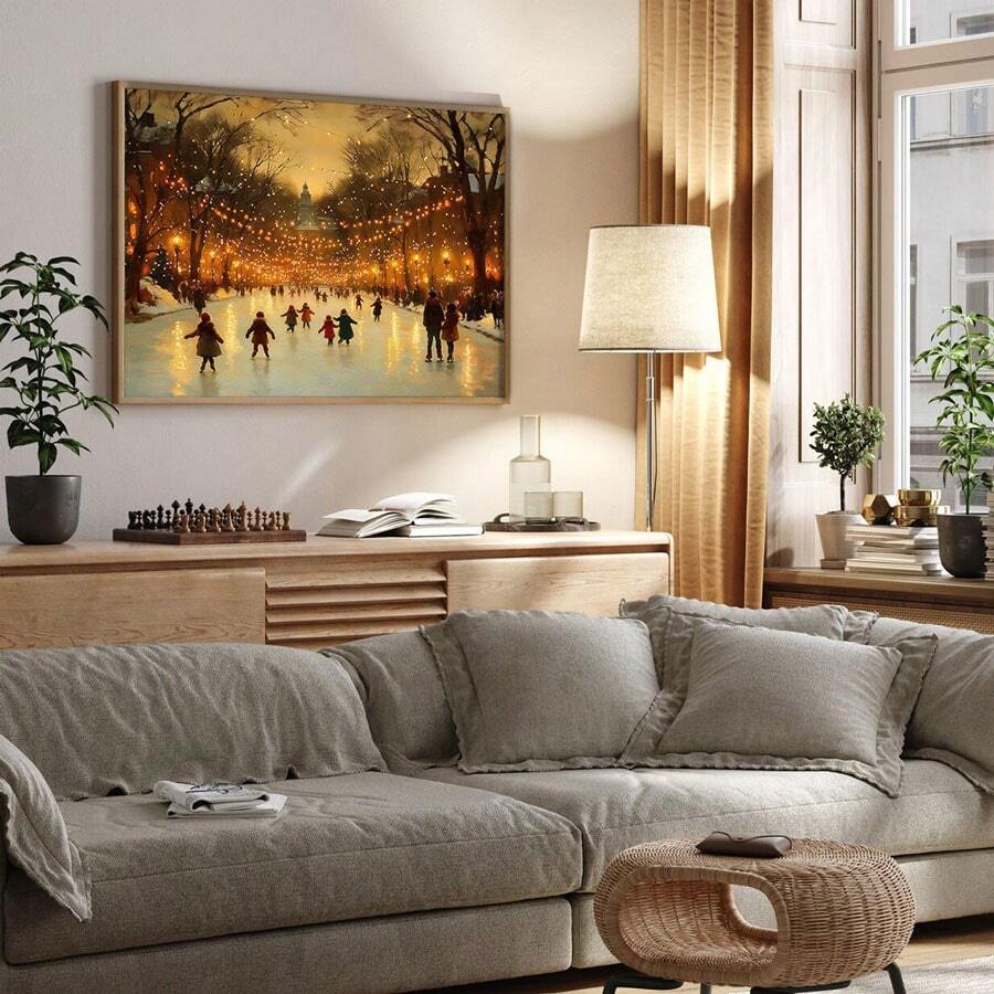 Festive snowy town canvas scene displayed above a bedroom dresser